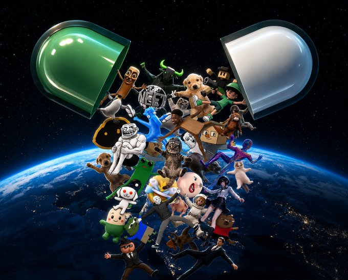 A capsule opening above Earth releasing a crowd of meme characters