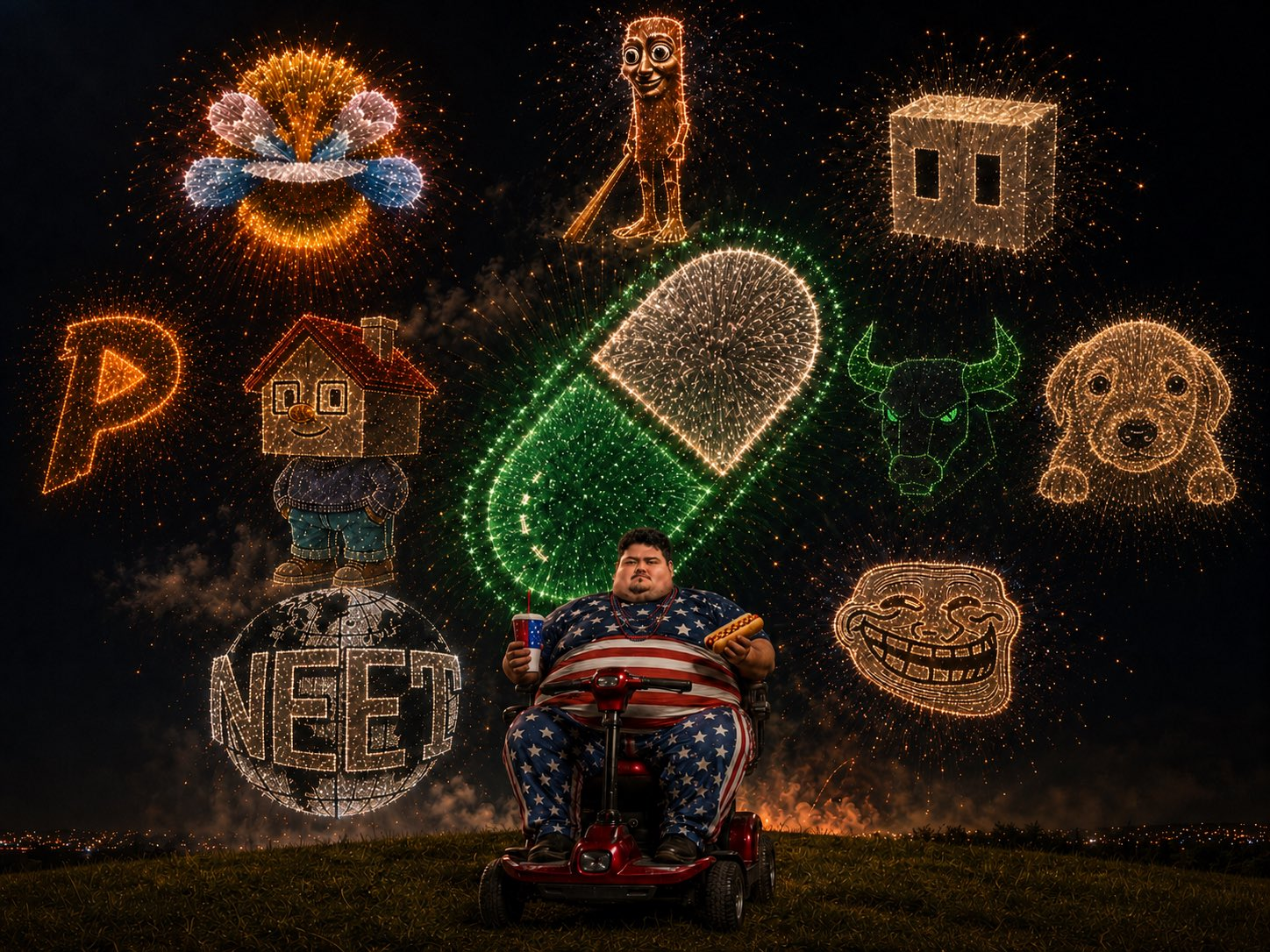 Firework portraits of meme mascots lighting up the night sky